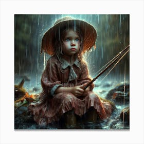 Little Girl Fishing In The Rain 2 Canvas Print