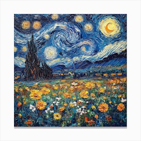 Field of Flowers Starry Night Van Gogh Inspired Canvas Print