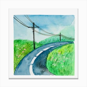 Watercolor A Road And A Meadow Canvas Print