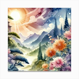 Watercolor Of Mountains And Flowers 1 Canvas Print