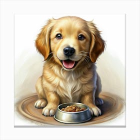 A Golden Retriever Puppy Sitting With A Bowl Of Food Canvas Print