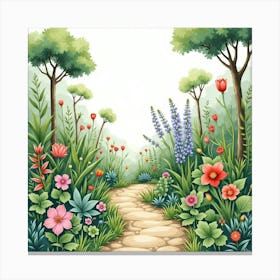 Lush Botanical Garden In Watercolor, With Diverse Plants And Flowers Canvas Print