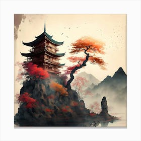 Temple Japan Nature Kyoto Landscape Mountain Japanese Lake Digital Art Painting Canvas Print