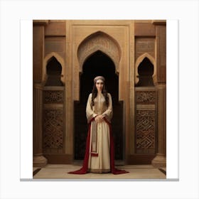 “Woman,” “Dress,” “Abaya,” “Stone Sculptures,” and “Aqueducts.”.. woman standing in a doorway, wearing a cream-colored dress with red trim and a matching red cape. She has long, dark hair and is wearing a gold necklace. The background features intricate stone carvings and archways. Canvas Print