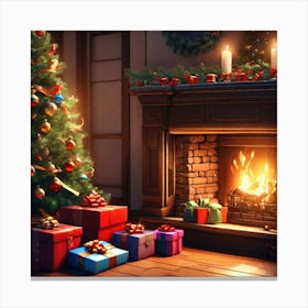 Christmas Presents Under Christmas Tree At Home Next To Fireplace Ultra Hd Realistic Vivid Colors (12) Canvas Print