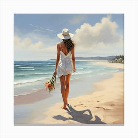 Woman Walking In The Beach Painting Art Print 2 Canvas Print