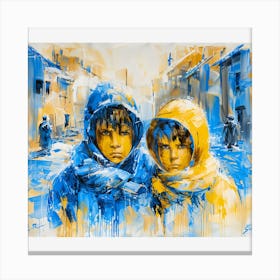 Two Children In Blue Coats Canvas Print