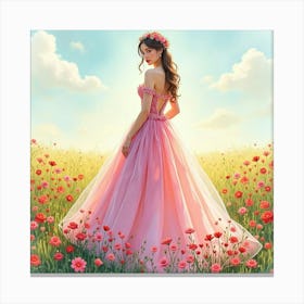 Romantic Gown Watercolor, In A Lush, Fragrant Flower Field 1 Canvas Print