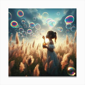 Little Girl Blowing Bubbles In The Field Canvas Print