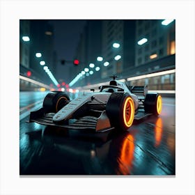 Sleek Formula Car With Glowing Wheels Speeding On A Wet Night City Street 1 Canvas Print