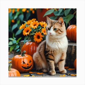 Cat With Pumpkins Canvas Print