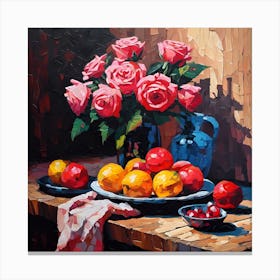 Apples and Pink Roses on Wooden Table Canvas Print