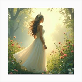 Radiant Young Queen In A Watercolor Garden With Soft, Ethereal Mist Canvas Print