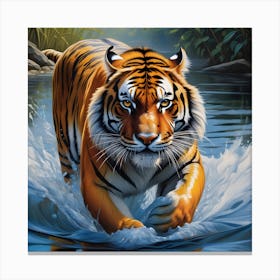 National Geographic Realistic Illustration Tigrer With Stunning Scene In Water 1 Canvas Print