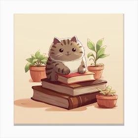Adorable Cat Sitting On Books Surrounded by Plants Canvas Print