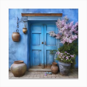 Blue wall. An old-style door in the middle, silver in color. There is a large pottery jar next to the door. There are flowers in the jar Spring oil colors. Wall painting.16 Canvas Print