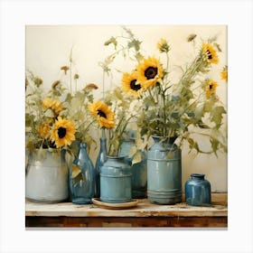 Blue Vases With Sunflowers Canvas Print