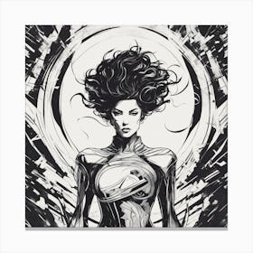 Negative Space Comic Art, Fierce Heroine, Silhouette, Black And White Backdrop, Clean Lines, Minima (2) Canvas Print