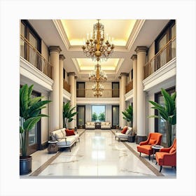 Luxury Hotel Lobby In Watercolor, With Grand Chandeliers And Elegant Furnishings Canvas Print