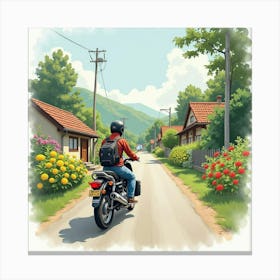 Retro Motorcycle On A Quiet Village Road With Gardens Watercolor 1 Canvas Print