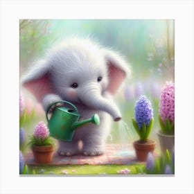 Little Elephant Watering Flowers Canvas Print