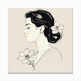 Portrait Of A Woman With Flowers, A Single Elegant Line Drawing Of A Womans Profile With A Flower Canvas Print