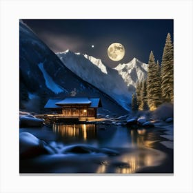 Moonlight Cabin In The Mountains Canvas Print
