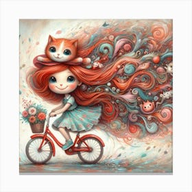 Girl Riding A Bike With Cats Canvas Print