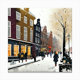 Amsterdam cafes, winter season, Christmas, pale colors, pedestrians in the street, winter clothes, falling snow.4 Canvas Print