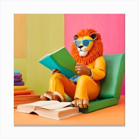 Retro Lion Reading A Book Canvas Print