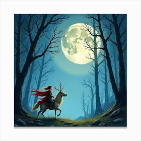 Artemis Hunting In A Moonlit, Enchanted Forest Watercolor 1 Canvas Print