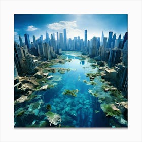 Above The Submerged Metropolis Capture A Drones Perspective Flying Over A Once Thriving City Canvas Print