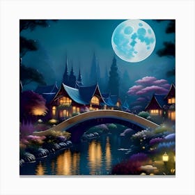 A stream on a moonlit night, illuminated by the moonlight, shining on the trees and plants. On both sides of the stream are beautiful buildings in a peaceful scene. Canvas Print