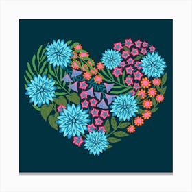 FLOWERED HEART Floral Botanical Valentines Love Flowers in Bright Pink Blue Purple Green Orange on Dark Navy Blue Canvas Print