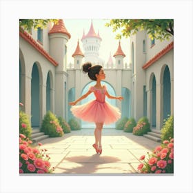 Delicate Ballerina In A Watercolor Castle Courtyard 1 Canvas Print