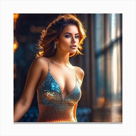 Beautiful Woman In A Blue Dress Canvas Print