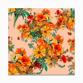 70s Flowers Pink And Orange On Blush Square Canvas Print