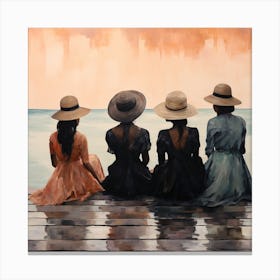 Three Women Sitting On A Dock Canvas Print
