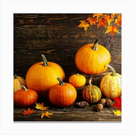 Assortment Of Vibrant Autumn Gourds And Pumpkins Thanksgiving Themed Scattered Artistically Across (4) Canvas Print