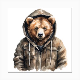 Watercolour Cartoon Grizzly Bear In A Hoodie Canvas Print