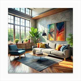 Modern Living Room With Large Window And Plants Canvas Print