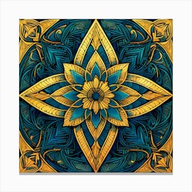 Intricate Geometric Pattern , Blue And Gold Flower Canvas Print