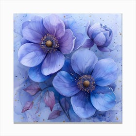 Watercolor Blue Anemone Flowers Canvas Print