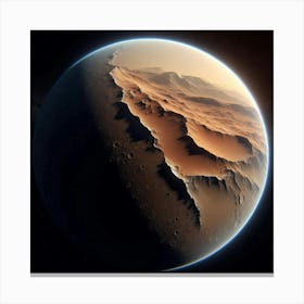 This shows a realistic-looking, detailed, three-dimensional rendering of Mars, the red planet, with a focus on a large canyon and a mountain range in the foreground, and a view of the curvature of the planet and its atmosphere Canvas Print