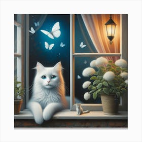 White Cat In The Window 1 Canvas Print