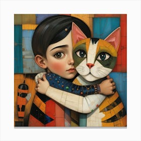 a child with geometric features hugging a stylized cat Canvas Print