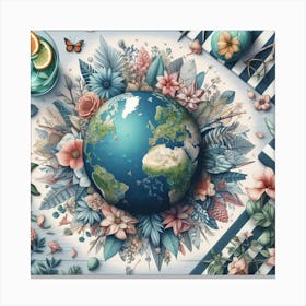 Earth Globe With Flowers Canvas Print