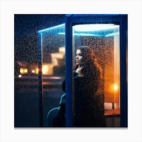 Firefly Street Photography, Beautiful Woman, Bus Shelter, Pensive, Evening, Wet, Rain, Glass, Neon L (8) Canvas Print