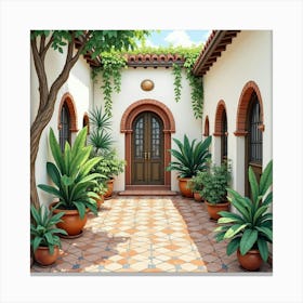 Spanish Courtyard With Decorative Tiles And Lush Plants In Watercolor Canvas Print