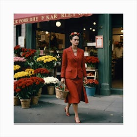 Frida Kahlo on street in Red dress Canvas Print